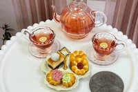 Miniature 1:6 scale Pastries and Chocoflan with Glass Tea Sets for Fashion Dolls