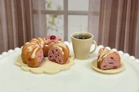 Miniature 1:6 scale Cherry Vanilla Bundt Cake and Coffee for Realistic Doll Food