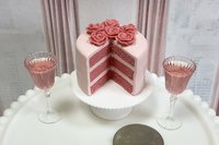 Miniature 1:6 scale Pink Velvet Layer Cake and Wine for Fashion Doll Diorama Decor