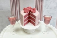Miniature 1:6 scale Pink Velvet Layer Cake and Wine for Fashion Doll Diorama Decor