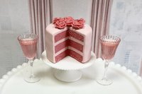 Miniature 1:6 scale Pink Velvet Layer Cake and Wine for Fashion Doll Diorama Decor