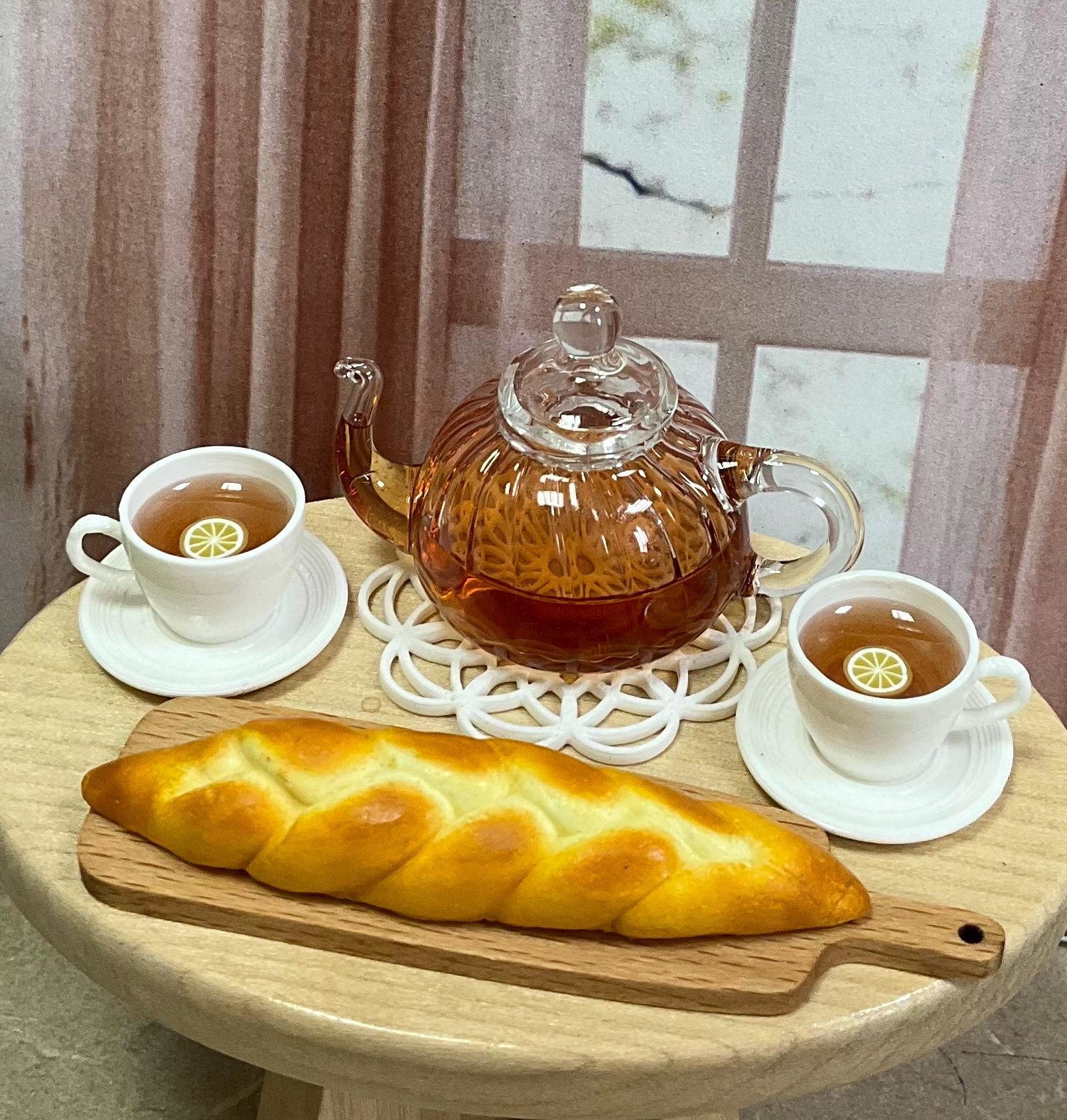 Miniature 1:6 scale Glass Tea Set with Optional Braided Bread for Fashion Dolls