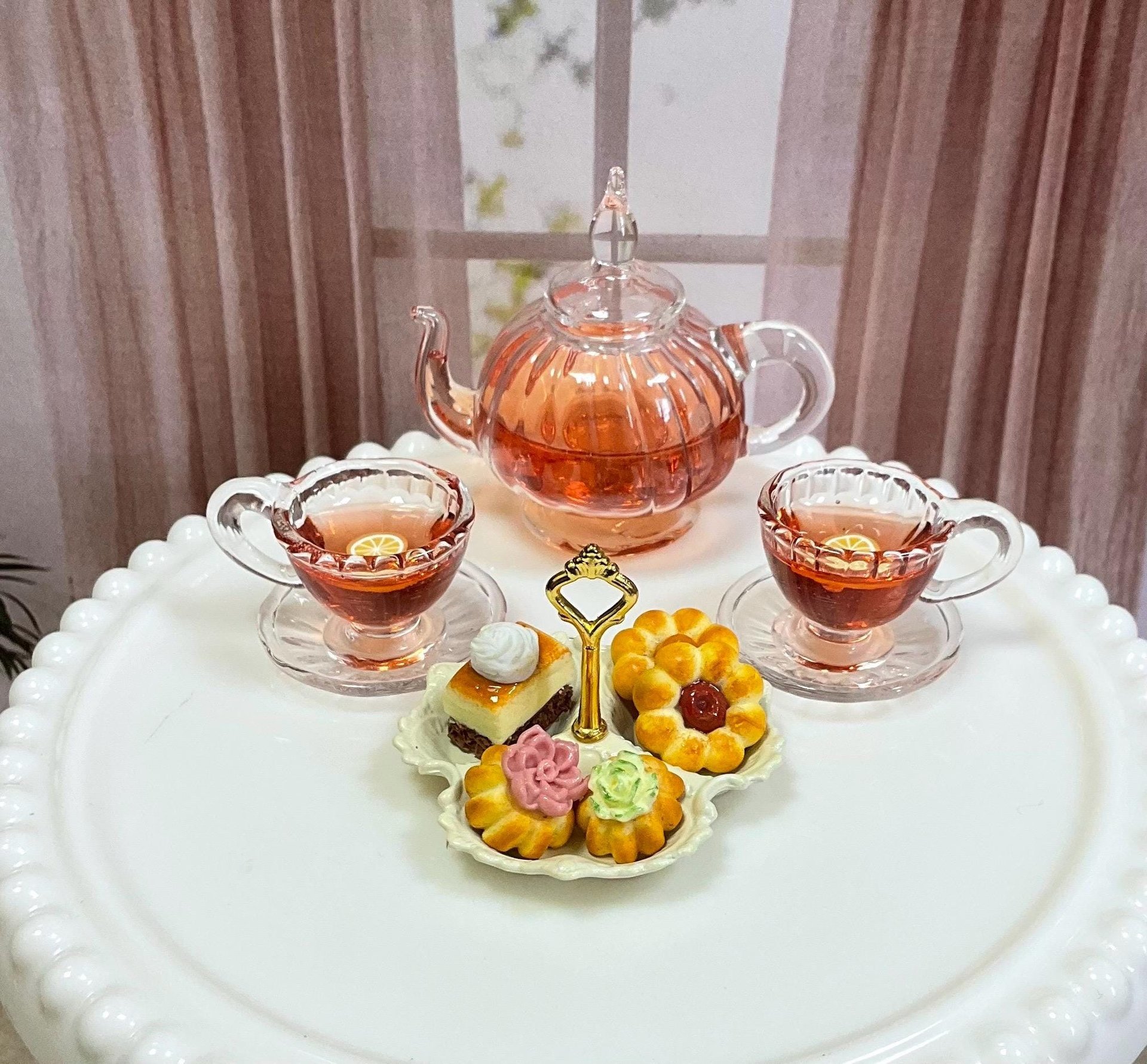 Miniature 1:6 scale Pastries and Chocoflan with Glass Tea Sets for Fashion Dolls