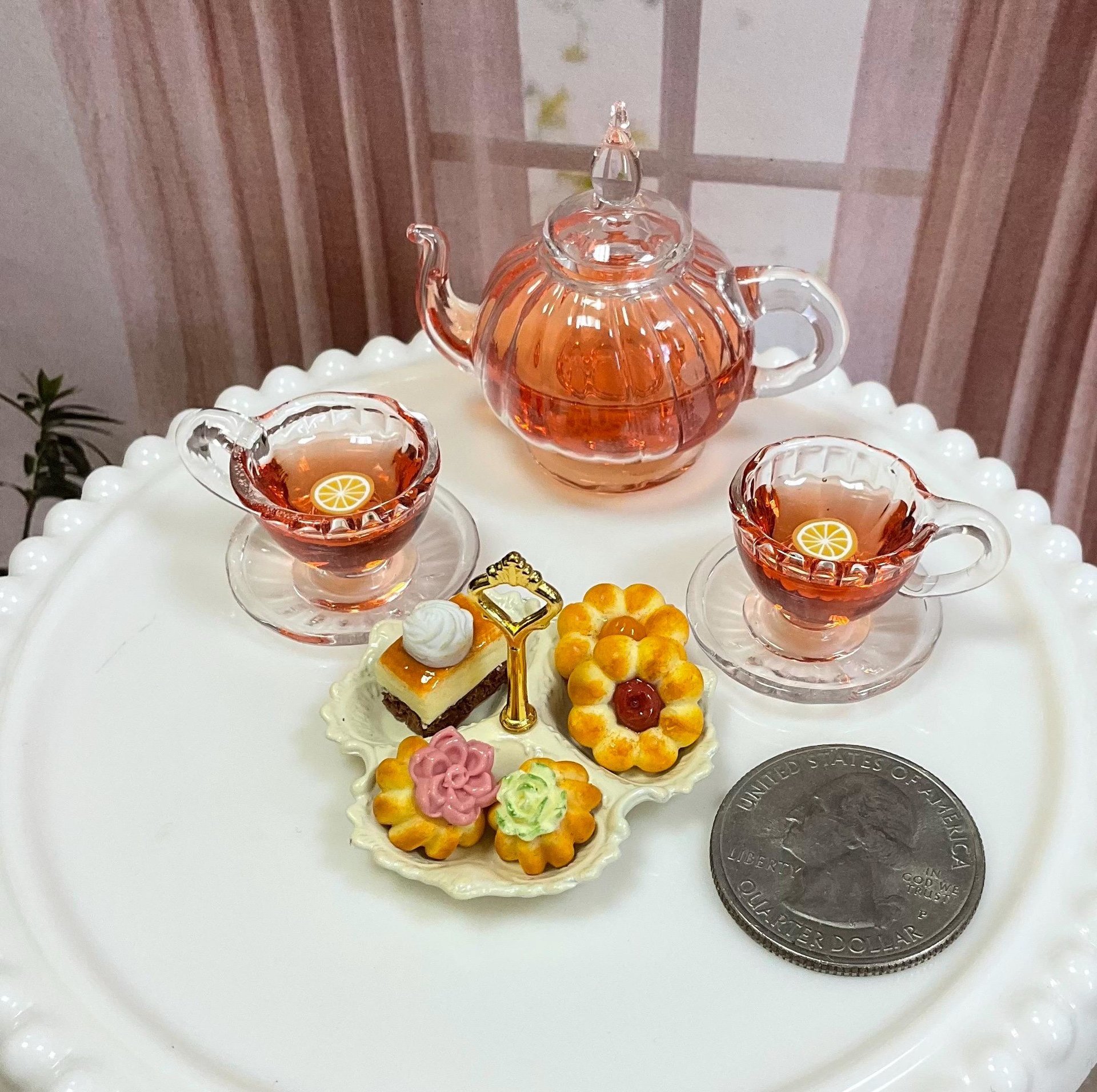 Miniature 1:6 scale Pastries and Chocoflan with Glass Tea Sets for Fashion Dolls