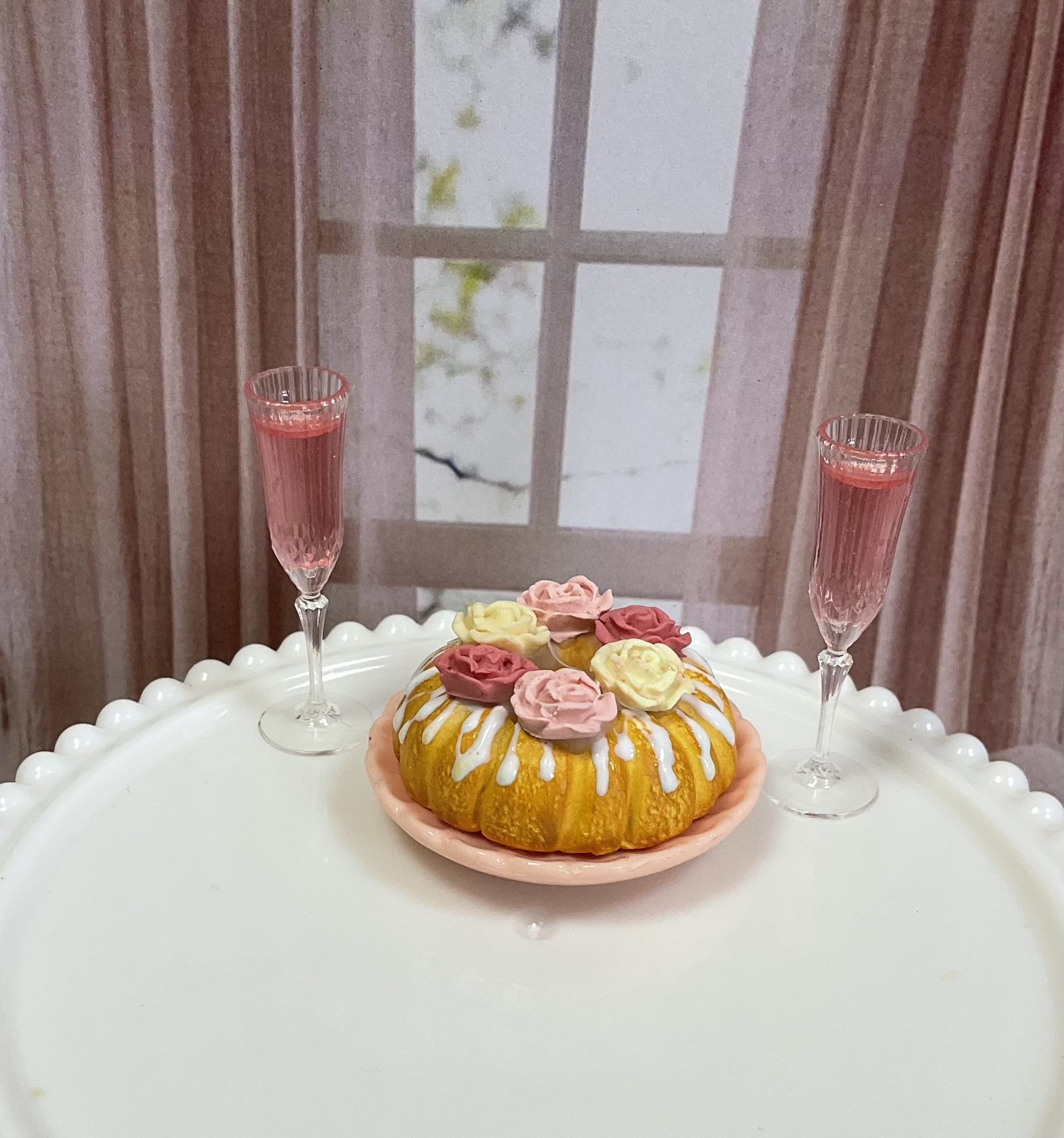 Miniature 1:6 Bundt Cake and Pink Champagne for Realistic Fashion Doll Food