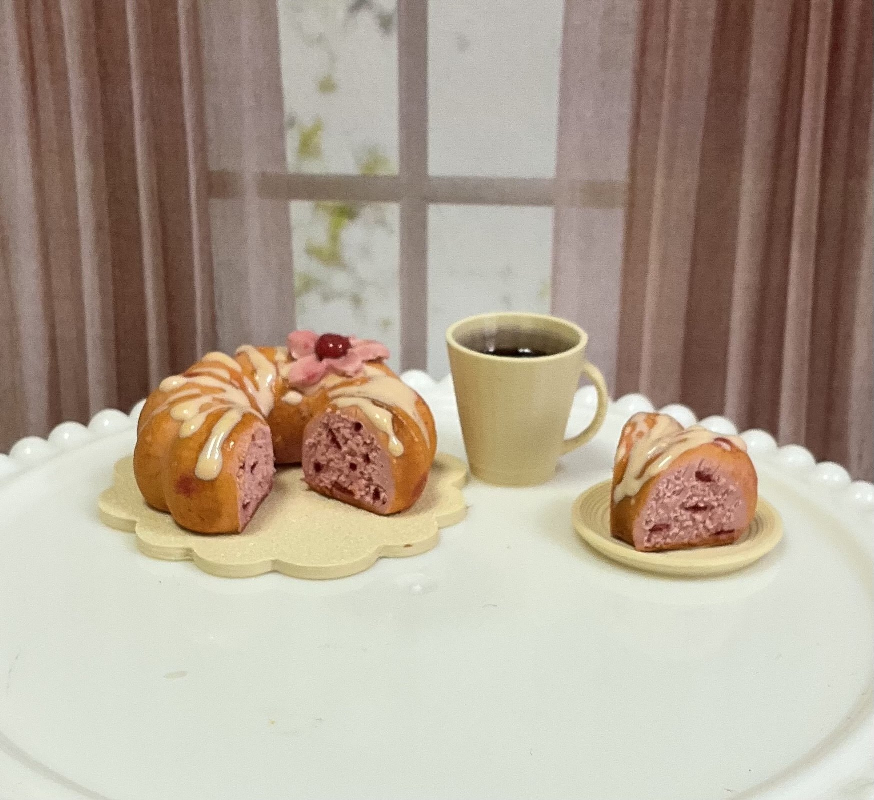 Miniature 1:6 scale Cherry Vanilla Bundt Cake and Coffee for Realistic Doll Food