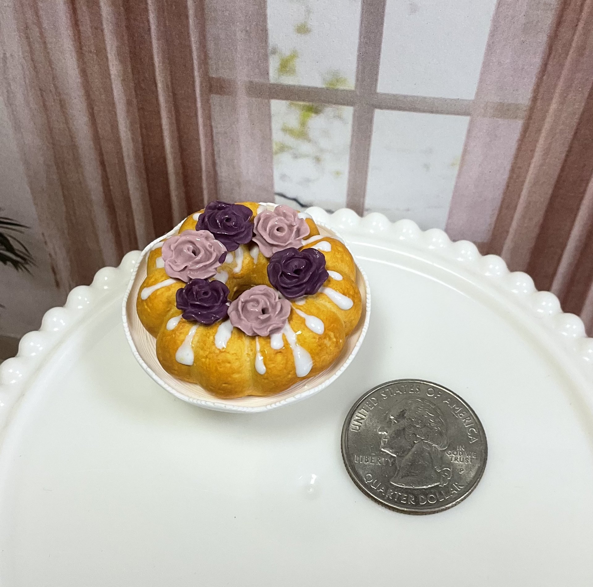 Miniature 1:6 scale Cake, Plum Noir Roses, Realistic Doll Food and Kitchen Shelf Decor