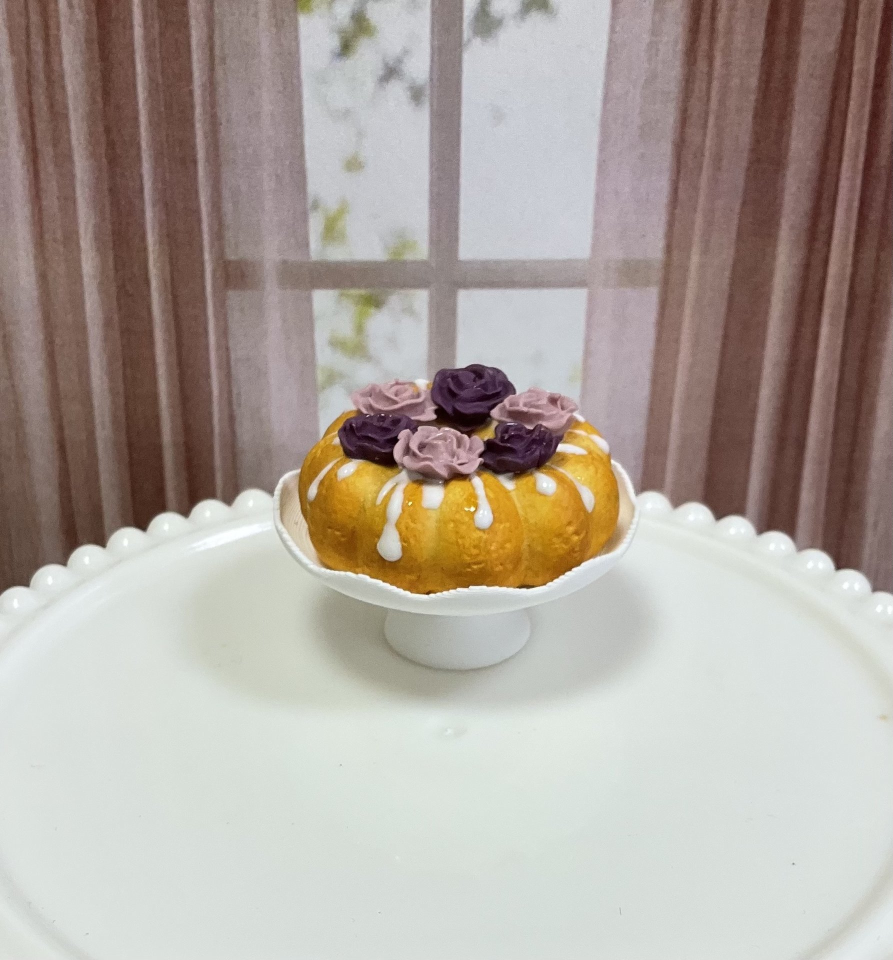 Miniature 1:6 scale Cake, Plum Noir Roses, Realistic Doll Food and Kitchen Shelf Decor