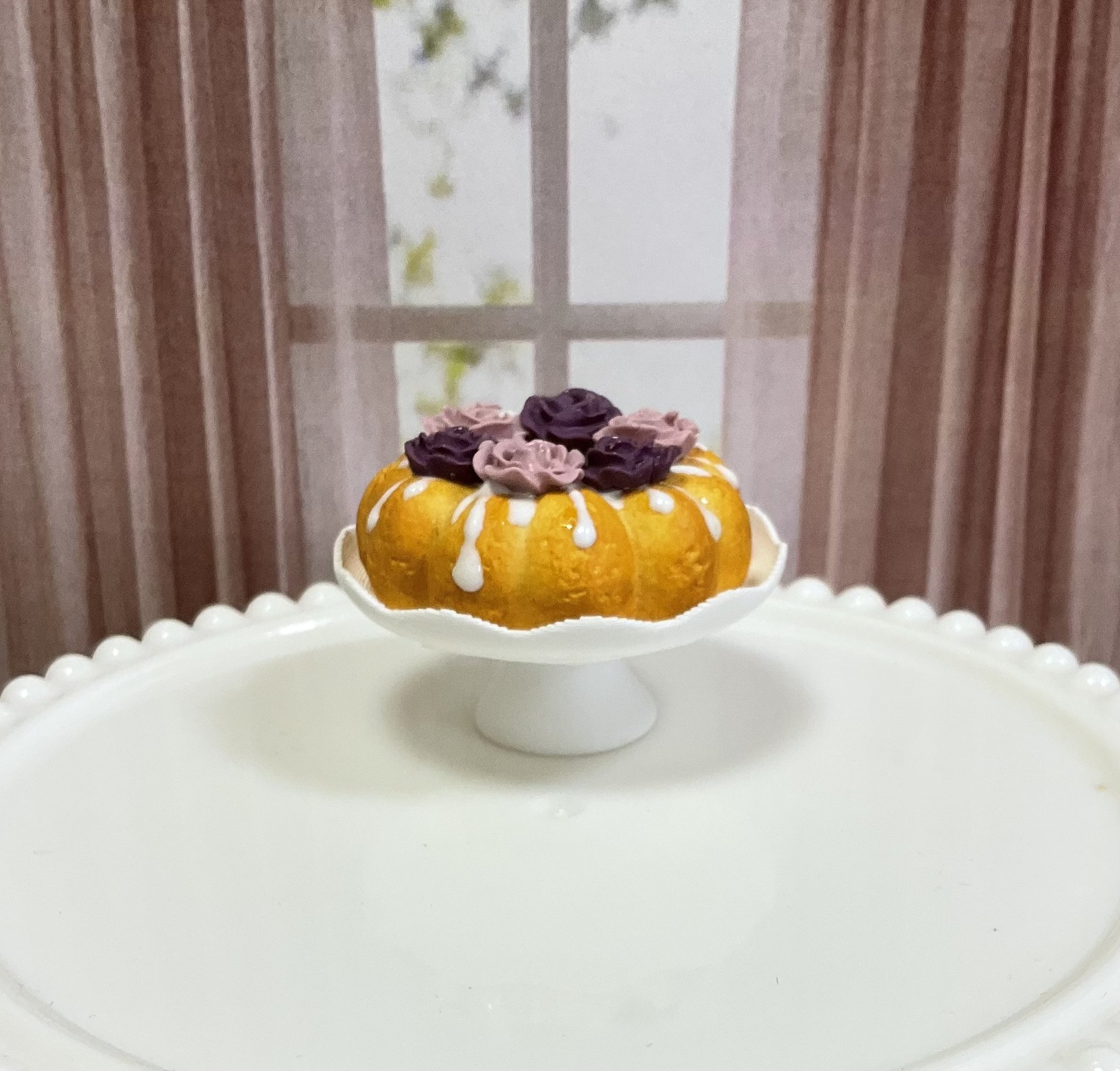 Miniature 1:6 scale Cake, Plum Noir Roses, Realistic Doll Food and Kitchen Shelf Decor