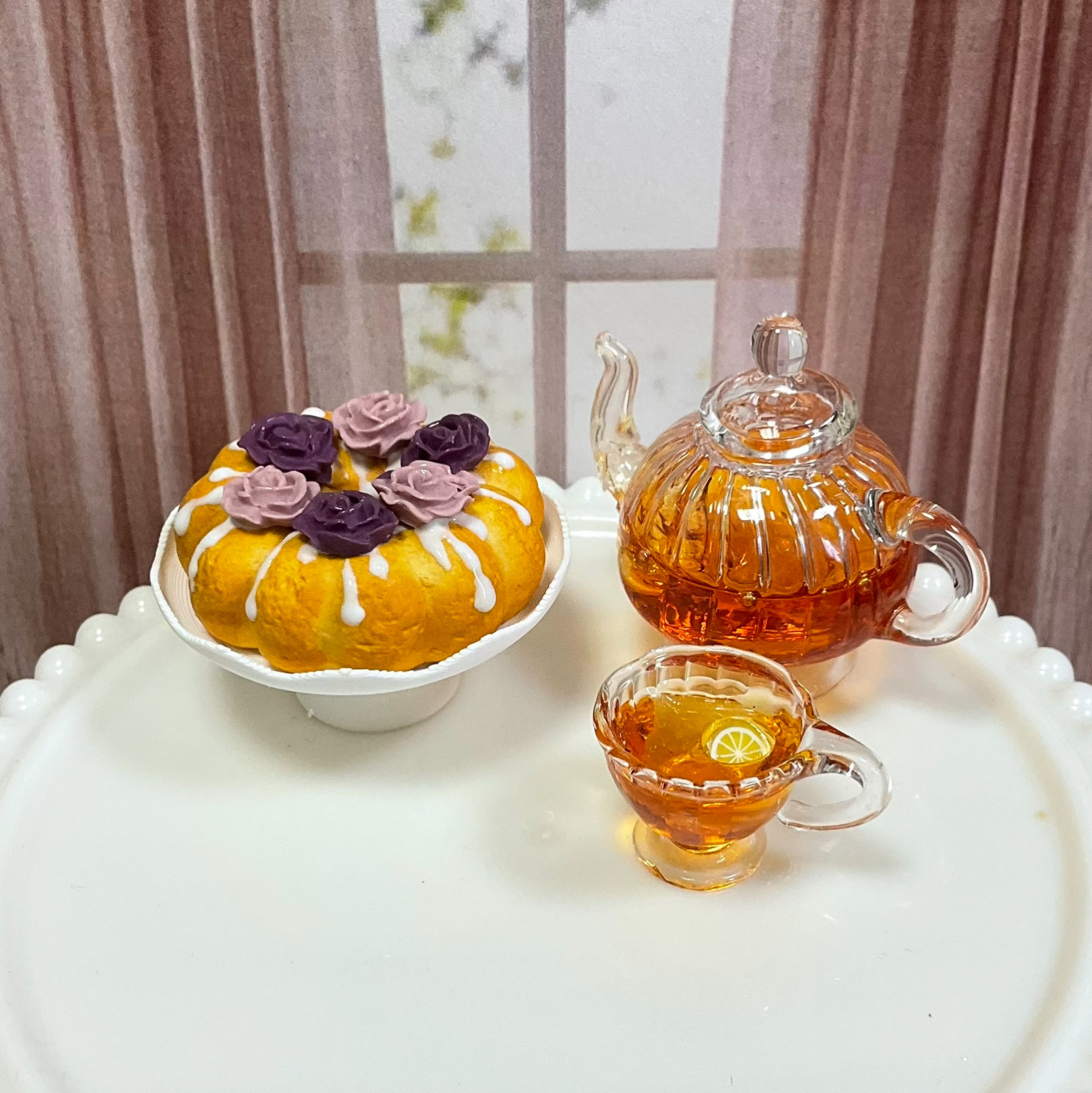 Miniature 1:6 scale Cake, Plum Noir Roses, Realistic Doll Food and Kitchen Shelf Decor