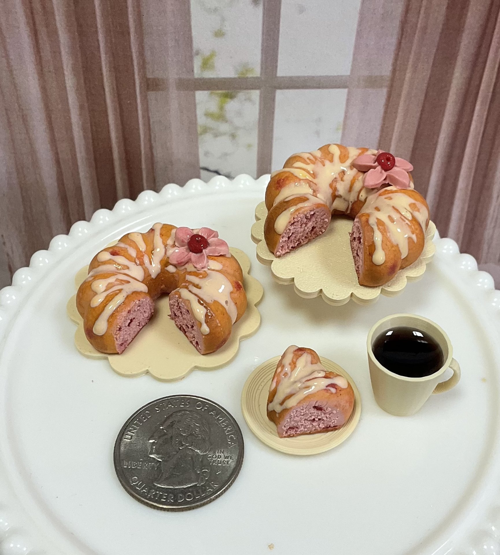 Miniature 1:6 scale Cherry Vanilla Bundt Cake and Coffee for Realistic Doll Food