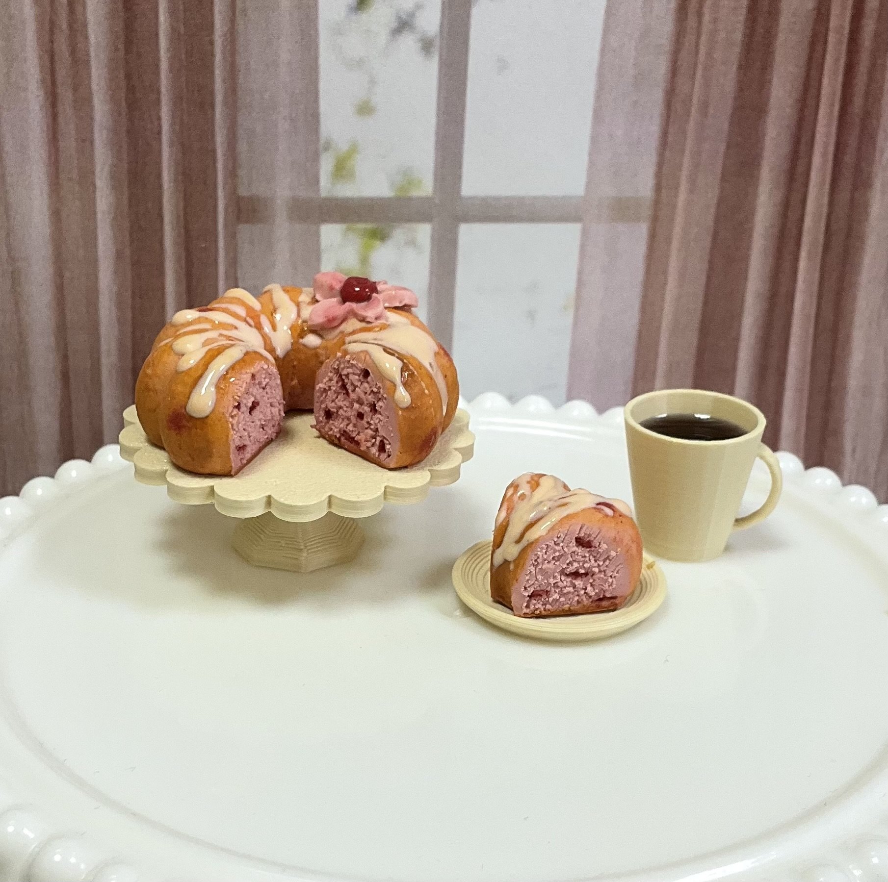 Miniature 1:6 scale Cherry Vanilla Bundt Cake and Coffee for Realistic Doll Food