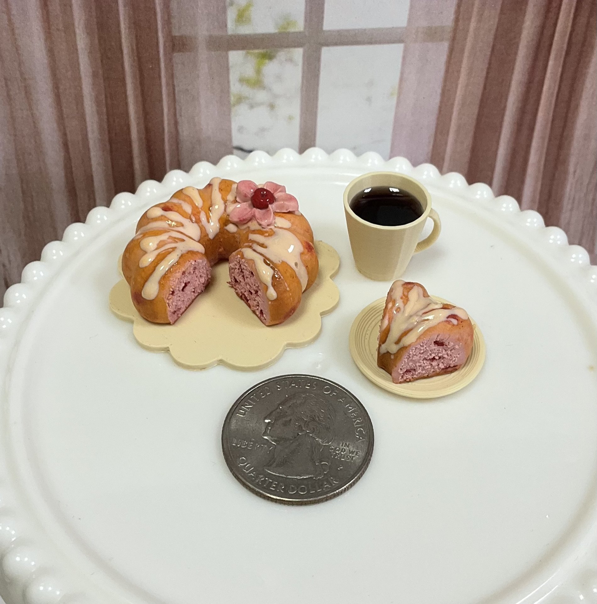Miniature 1:6 scale Cherry Vanilla Bundt Cake and Coffee for Realistic Doll Food
