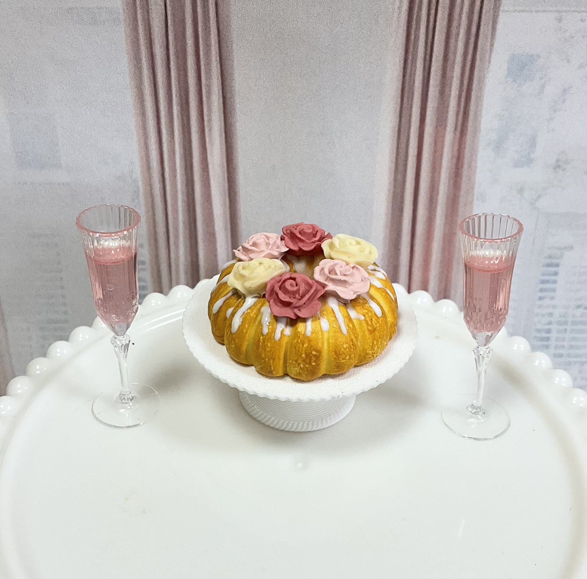 Miniature 1:6 Bundt Cake and Pink Champagne for Realistic Fashion Doll Food