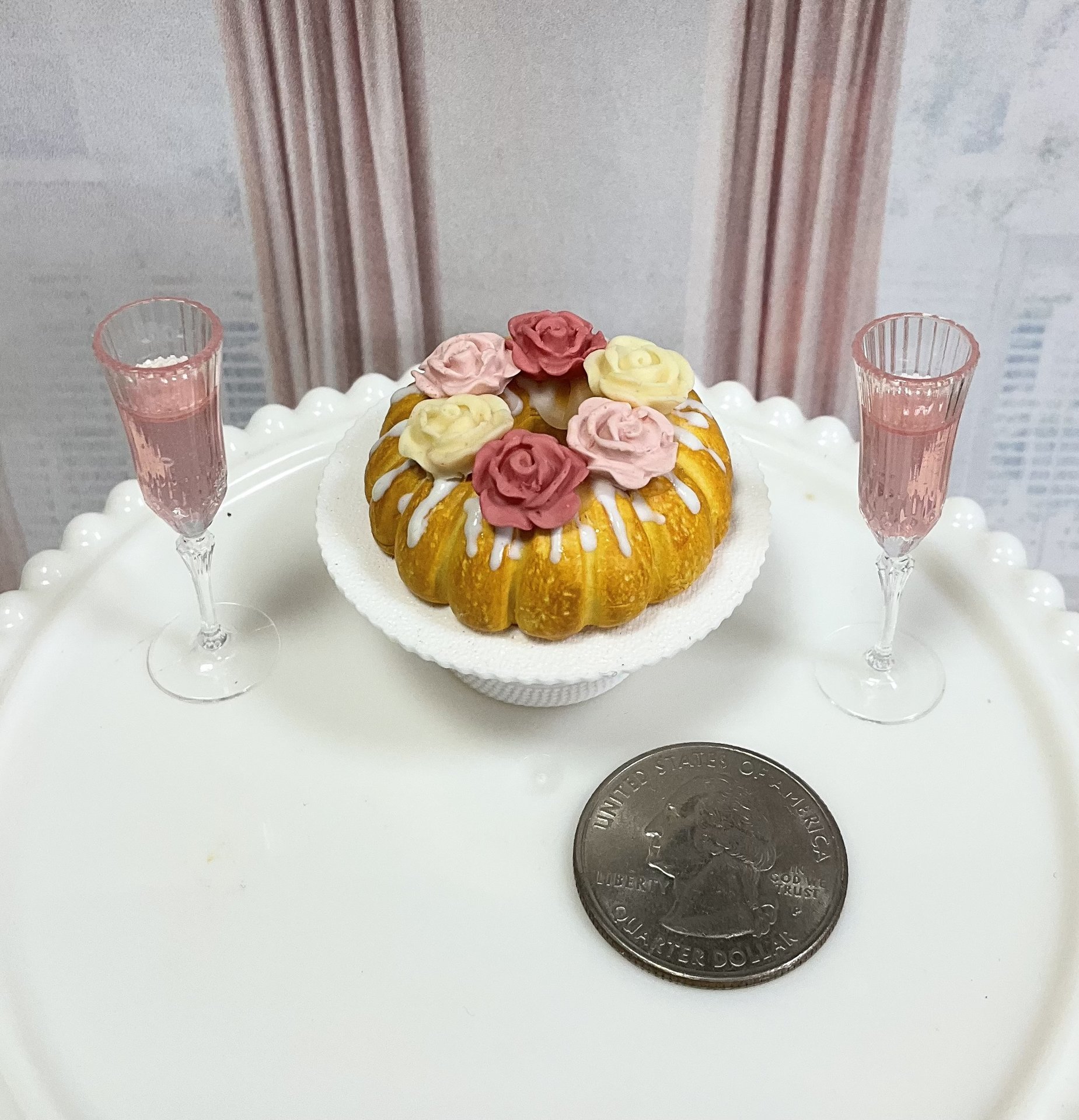 Miniature 1:6 Bundt Cake and Pink Champagne for Realistic Fashion Doll Food