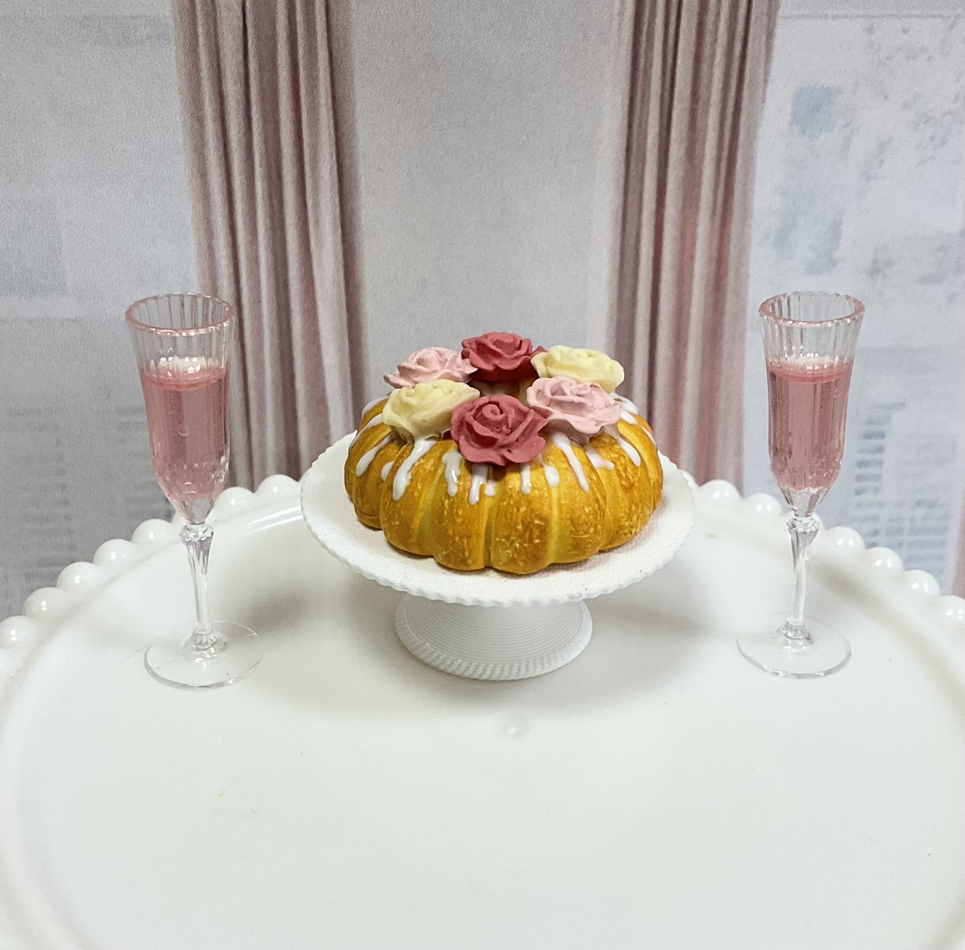 Miniature 1:6 Bundt Cake and Pink Champagne for Realistic Fashion Doll Food