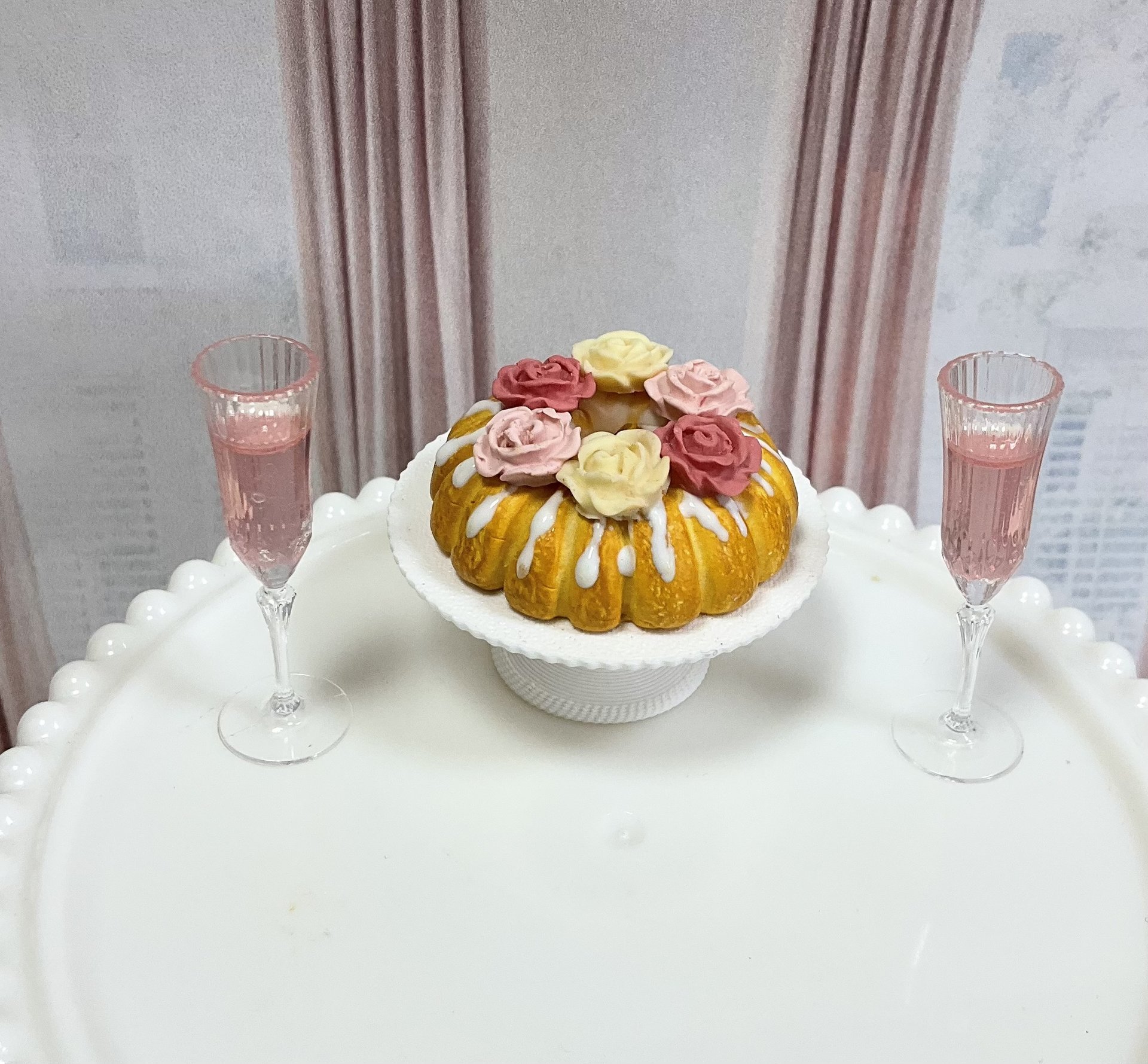 Miniature 1:6 Bundt Cake and Pink Champagne for Realistic Fashion Doll Food