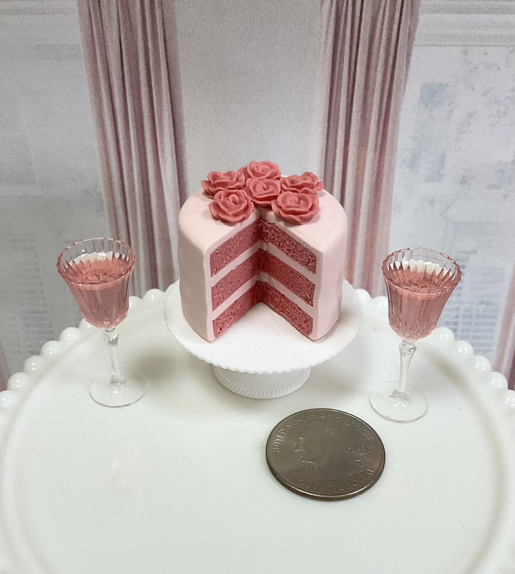 Miniature 1:6 scale Pink Velvet Layer Cake and Wine for Fashion Doll Diorama Decor
