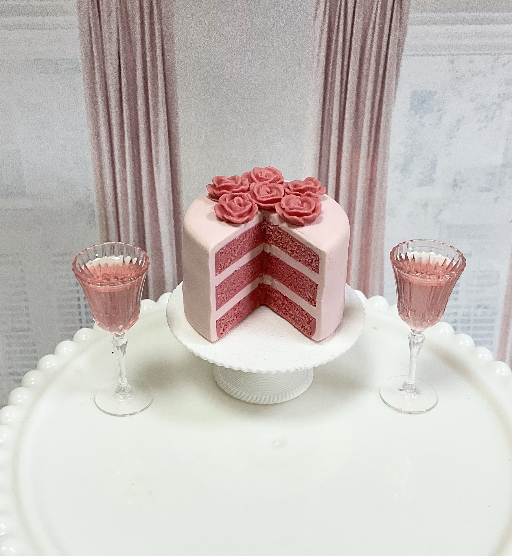 Miniature 1:6 scale Pink Velvet Layer Cake and Wine for Fashion Doll Diorama Decor