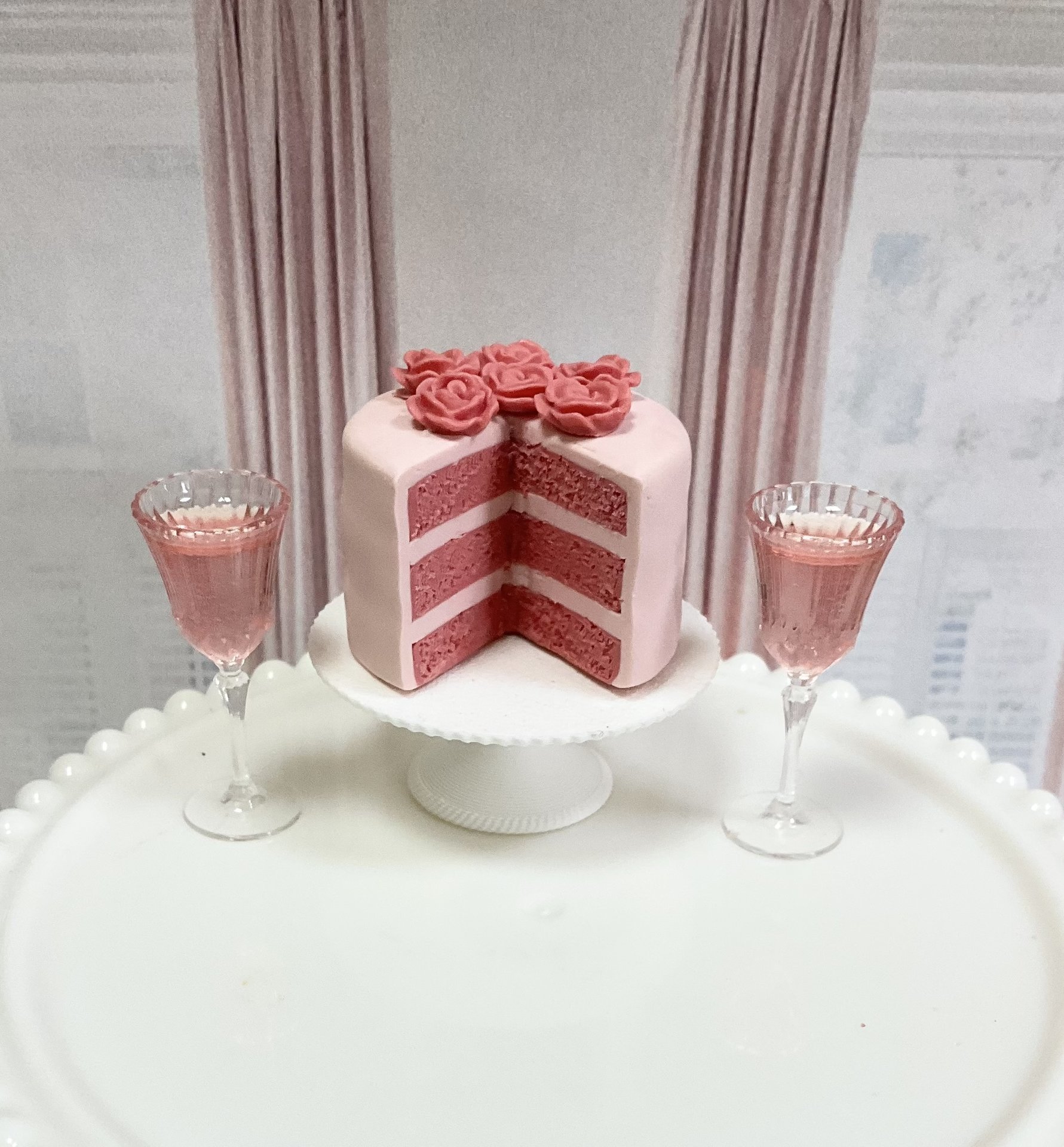 Miniature 1:6 scale Pink Velvet Layer Cake and Wine for Fashion Doll Diorama Decor