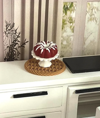 Miniature 1:12 scale Red Velvet Bundt Cake for Realistic Dollhouse or Bakery