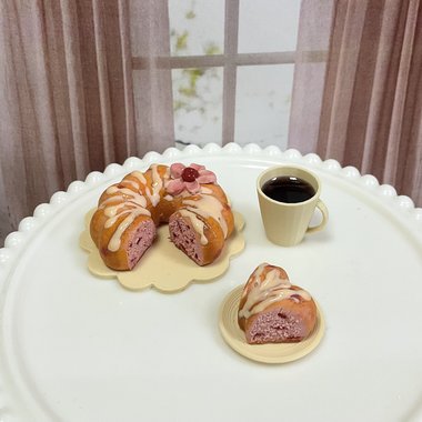Miniature 1:6 scale Cherry Vanilla Bundt Cake and Coffee for Realistic Doll Food