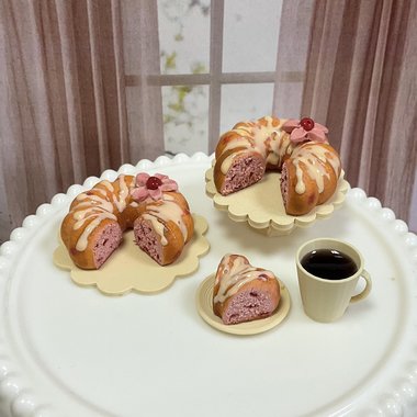 Miniature 1:6 scale Cherry Vanilla Bundt Cake and Coffee for Realistic Doll Food