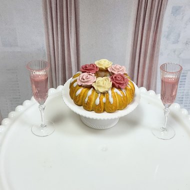 Miniature 1:6 Bundt Cake and Pink Champagne for Realistic Fashion Doll Food