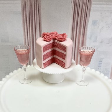 Miniature 1:6 scale Pink Velvet Layer Cake and Wine for Fashion Doll Diorama Decor
