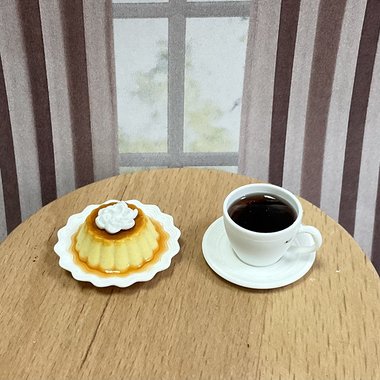 Miniature 1:6 scale Vanilla Caramel Flan Dessert and Coffee for Fashion Dolls