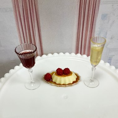 Miniature 1:6 scale Raspberry Flan with Wine or Champagne - Realistic Doll Dessert 