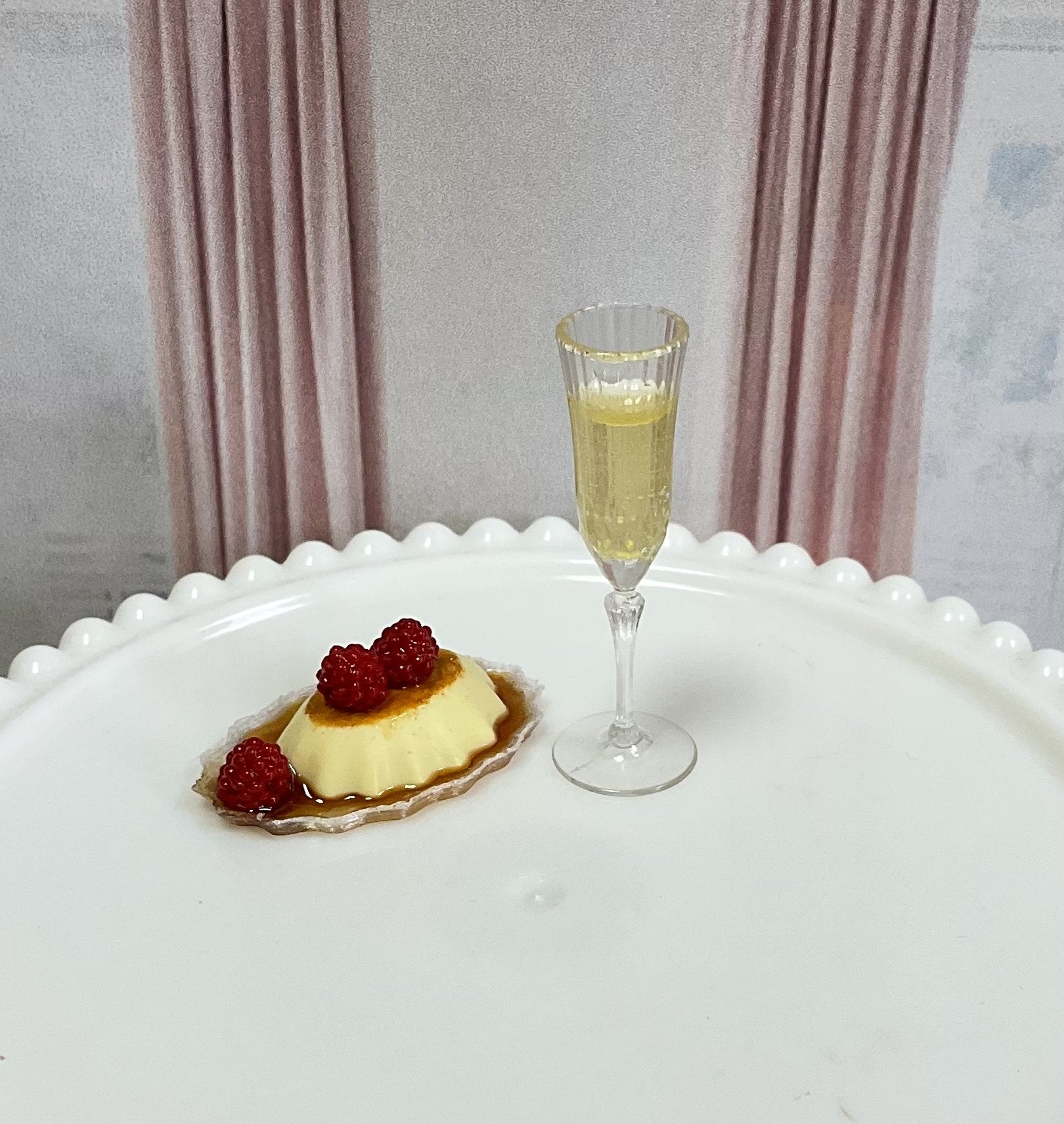 Miniature 1:6 scale Raspberry Flan with Wine or Champagne - Realistic Doll Dessert 
