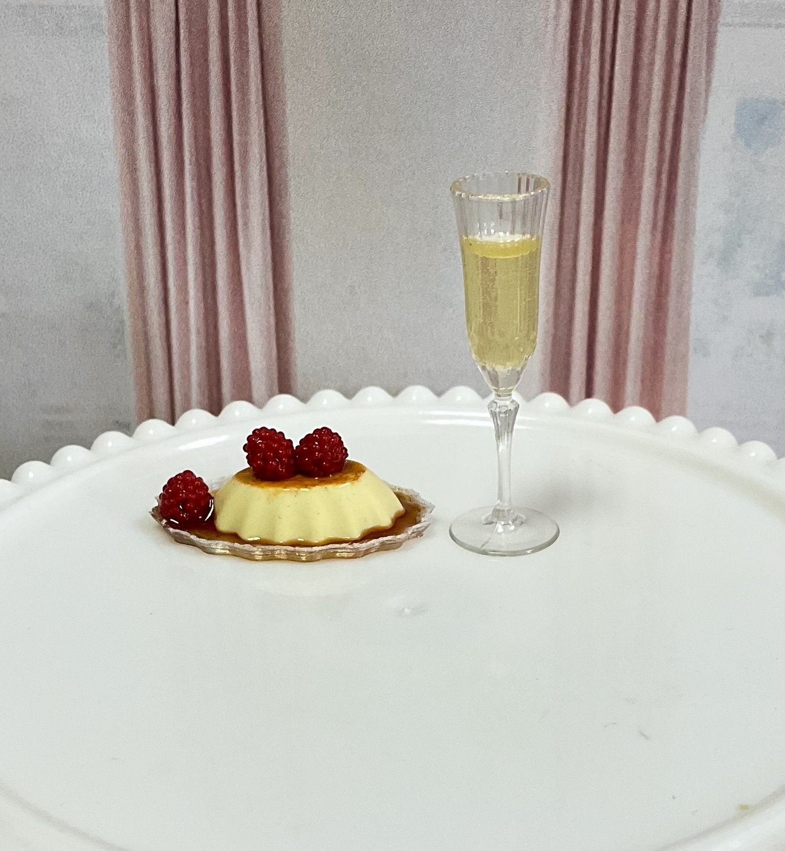 Miniature 1:6 scale Raspberry Flan with Wine or Champagne - Realistic Doll Dessert 