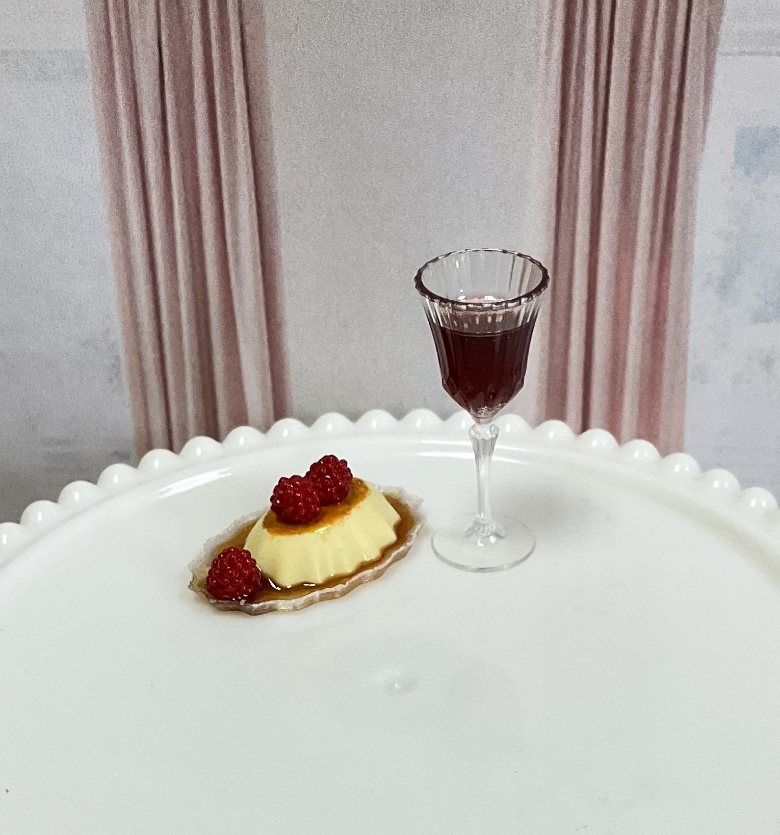 Miniature 1:6 scale Raspberry Flan with Wine or Champagne - Realistic Doll Dessert 