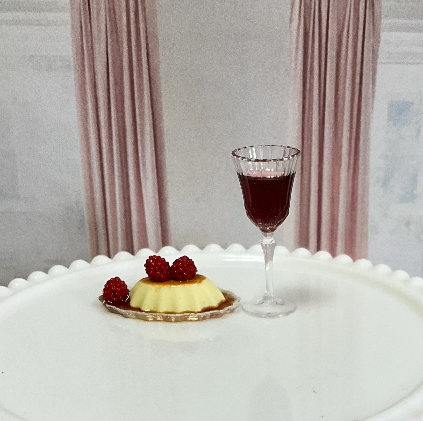 Miniature 1:6 scale Raspberry Flan with Wine or Champagne - Realistic Doll Dessert 