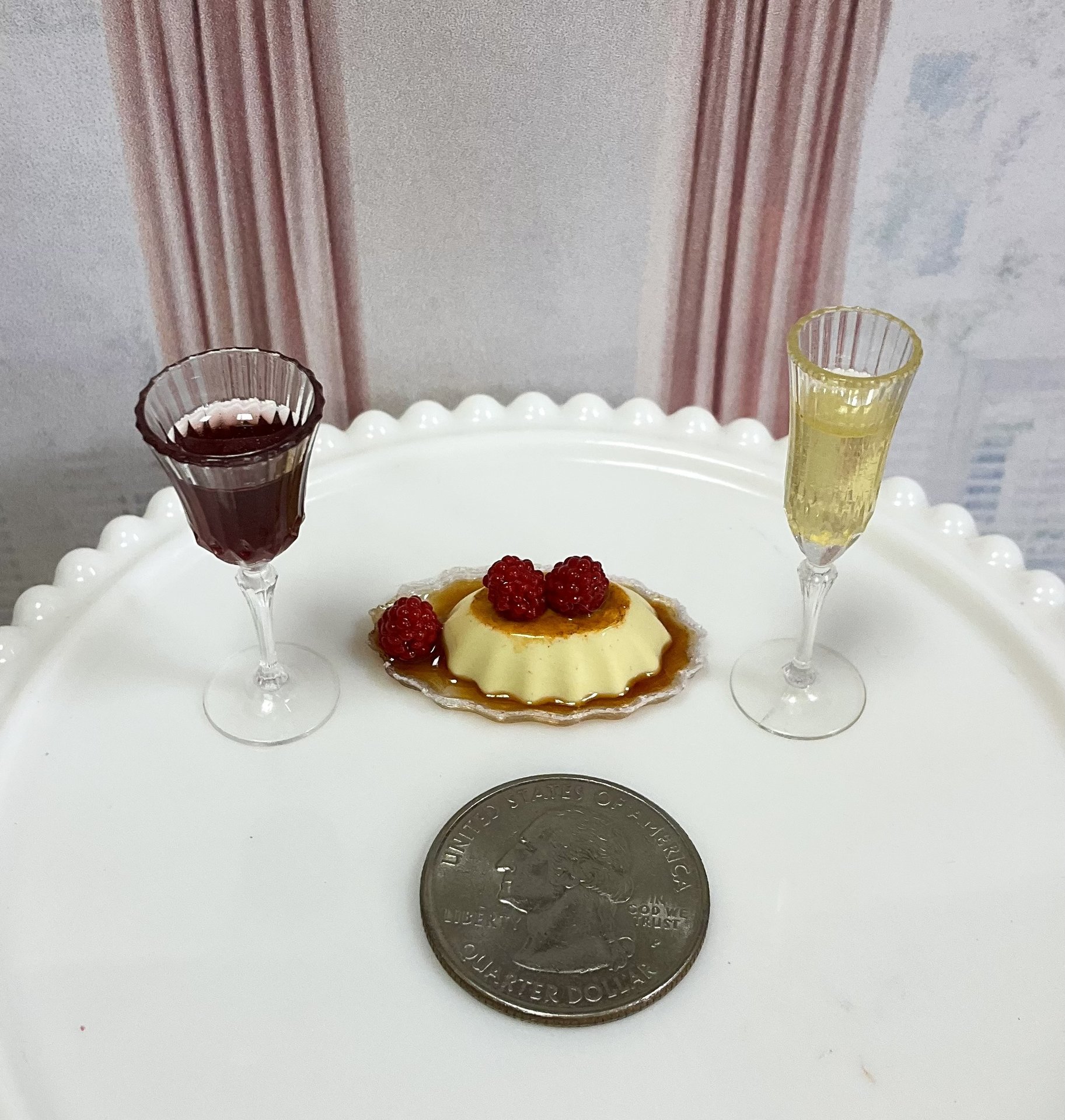 Miniature 1:6 scale Raspberry Flan with Wine or Champagne - Realistic Doll Dessert 